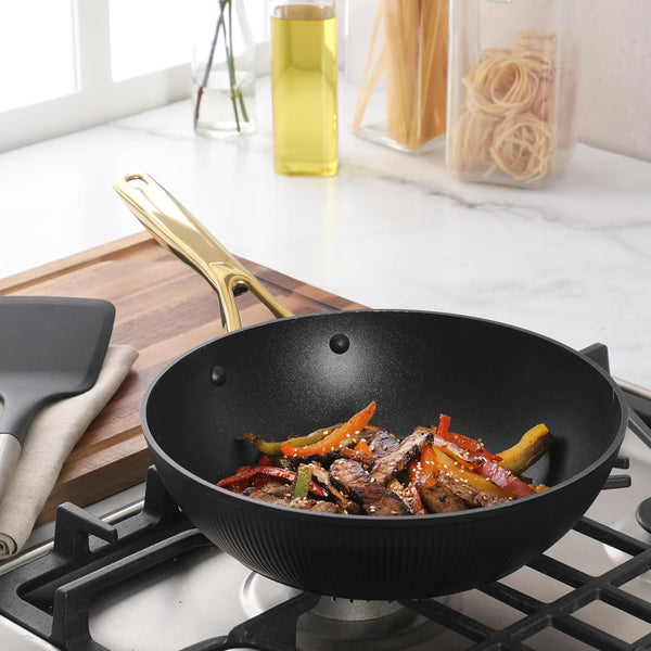 Oster Platinum Abbottsford 11-Inch Matte Black Ceramic Nonstick Wok with Gold Stainless Steel Handle — Flat Bottom, Oven & Induction Safe7