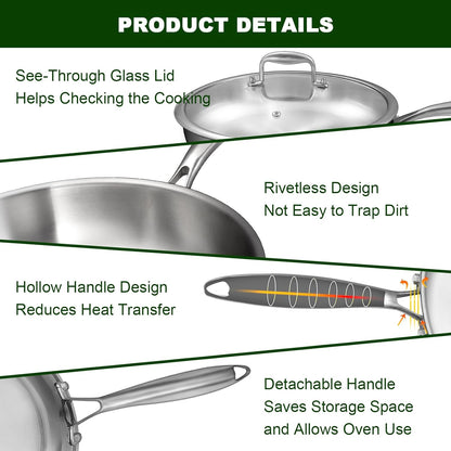 12 Inch Tri-Ply Stainless Steel Frying Pan, Compatible with All Cooktops up to 600℉, Large Frying Pan with Lids, Induction-Ready Skillet, Dishwasher and Oven Safe, Even Heat, 12" Skillet + Lid5