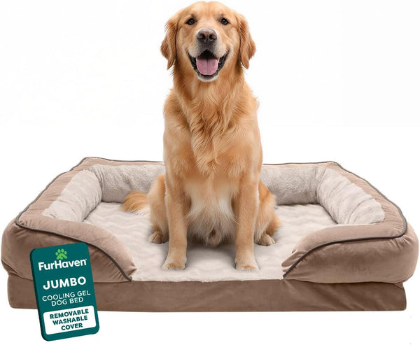 Furhaven Cooling Gel Dog Bed for Large Dogs, Perfect Comfort Sofa Bed with Cool Gel-Top Foam with a Solid Orthopedic Foam Base for Joint Support, Washable Cover, Jumbo XL, Plush & Velvet, Granite Gray11