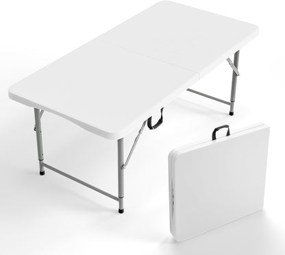 4 FT Plastic Folding Camping Table,3-Level Adjustable Height, Portable In/Outdoor Party Picnic Dining Desk, Garden Soccer Multipurpose Entertaining Activities，White1