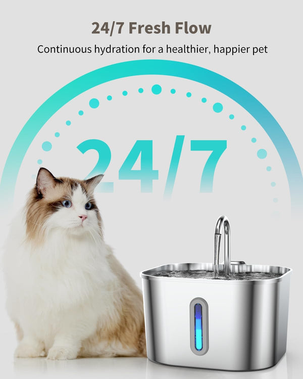 Stainless Steel Cat Water Fountain - 74Oz/2.2L Cat Drinking Fountain | Quiet Cat Fountain for Indoor Cats and Small Dogs, Automatic Pet Water Dispenser Keeps Fresh Water, Water Level Window4