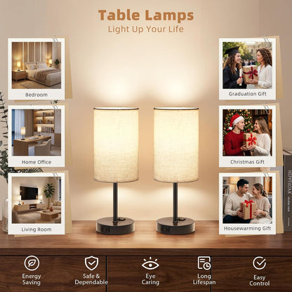Table Lamp for Bedroom Set of 2, Bedside Small Lamps with 3 Way Dimmable Rocker Switch and AC Outlet, Nightstand Desk Lamp with Flaxen Fabric Shade Black Base for Living Room Home Decor Lights | E26 Bulbs,Ac Outlet,3 Way Dimmable,Rocker Switch,Desk Lamp Flaxen Fabric Shade Black Base 2Pack Bedroom Living Room Dorm Lamp7