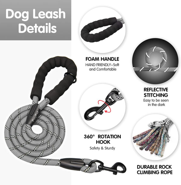 Poypet No Pull Dog Harness and 5 Feet Leash Set, Release on Neck Reflective Adjustable Pet Vest, Front & Back 2 D-Ring and Soft Padded Pet Harness with Handle for Small to Large Dogs(Grey,L)5