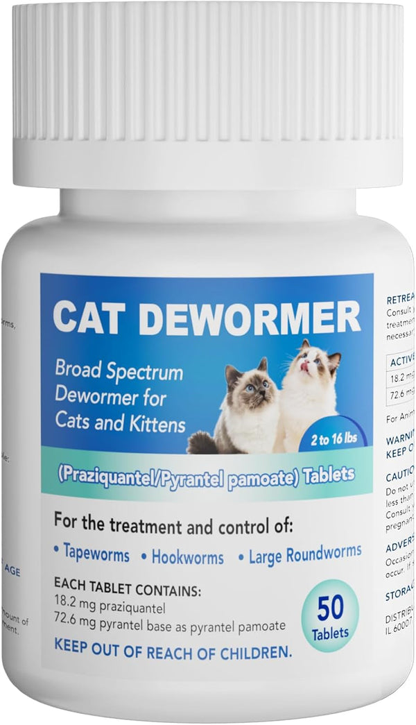 Dewormer for Cats and Kittens - Cat Dewormer All Worms Broad Spectrum | for Tapeworms, Roundworms & Hookworms - 50 Tablets1