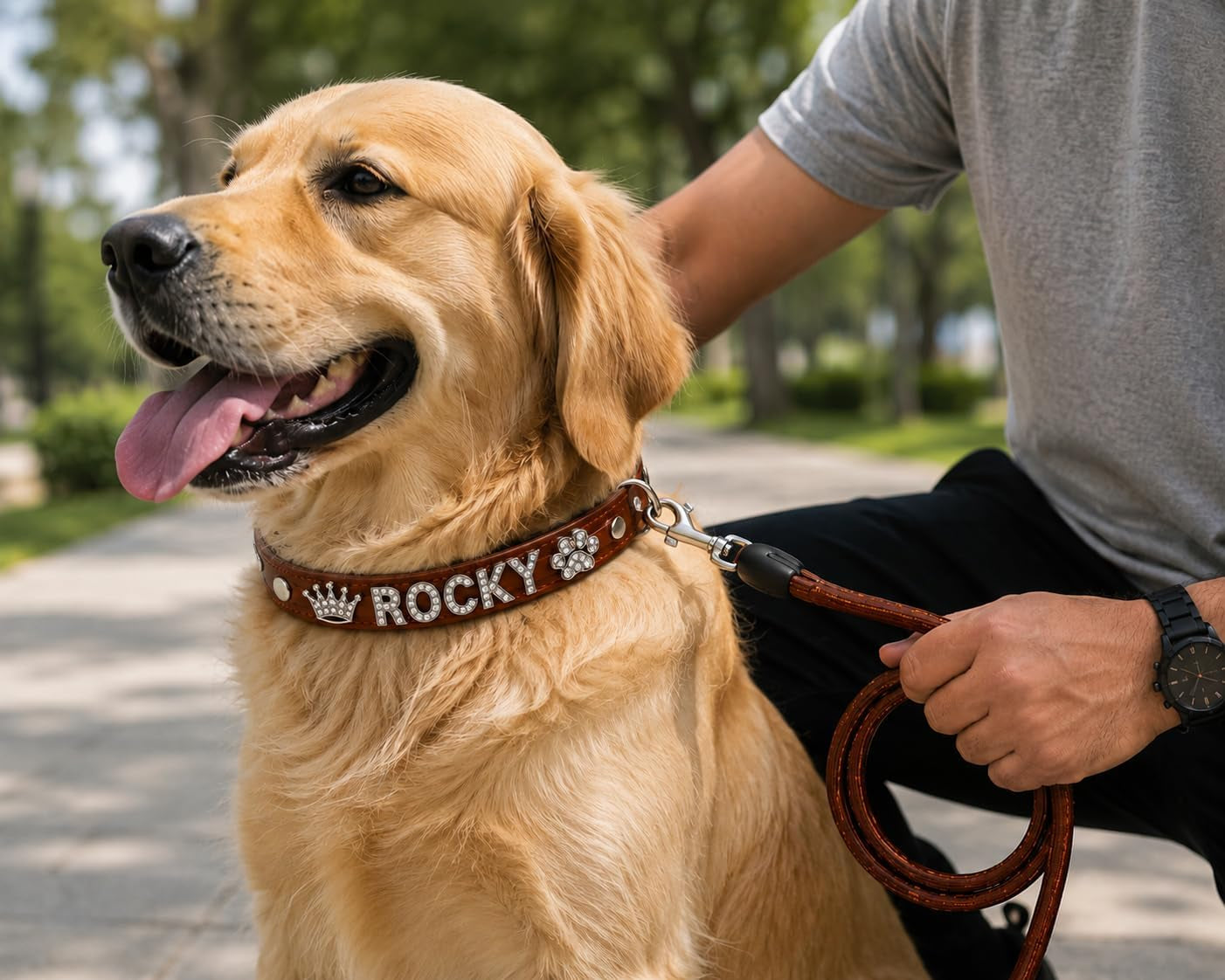 customized-dog-collar-and-leash-set-with-name-rhinestone-letter-pu-leather-collar-adjustable-bling-pet-collar-with-crown-paw-charms-for-dogs-brown