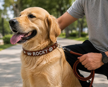 Customized Dog Collar and Leash Set with Name, Rhinestone Letter PU Leather Collar, Adjustable Bling Pet Collar with Crown & Paw Charms for Dogs, Brown5