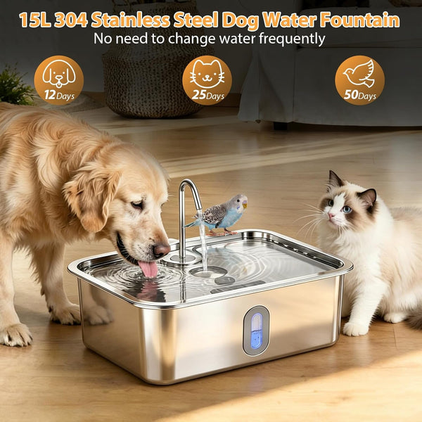 15L/4Gal Stainless Steel Dog Water Fountion Pet Fountain,1Set Filter | Ultra Quiet,Extra Large Capacity,5 Layer Filtration System,Water Level Window & LED Light, ,Visible Faucet Style Spout3
