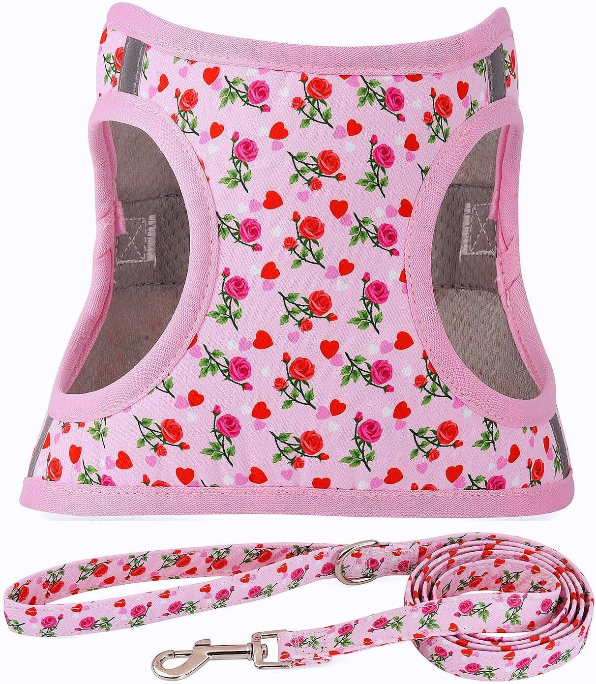 step-in-dog-harness-leash-set-all-weather-reflective-no-pull-floral-pattern-padded-mesh-vest-harness-for-cats-puppy-extra-small-small-medium-large-dogs-pink-flower-s