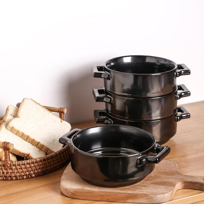 Ceramic Soup Bowls with Handles, 24 Oz Porcelain Soup Crocks for French Onion Soup, Cereal, Beef Stew, Chill, Pasta, Pot Pies, Microwave and Oven Safe, Set of 4 (Black)3