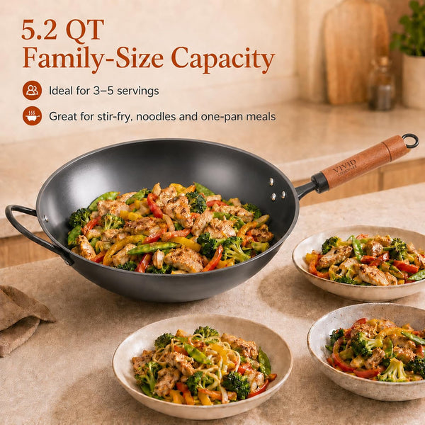 12.6 Inch Carbon Steel Wok with Lid, Flat Bottom Induction Wok Pan, Non-Coated Stir Fry Wok Skillet with Helper Handle, Gas Electric Ceramic Halogen Compatible, Includes Iron Wok Spatula2