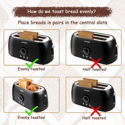 Toaster 4 Slice, Retro Long Slot Toasters with Countdown Timer,Stainless Steel Toaster,Bagel,Defrost,Reheat,Cancel Functions,Extra Wide Slots,6 Toast Settings,Removable Crumbs Tray,Matte Black6