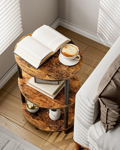 Round Small End Table - 3 Tier Oval Accent Table for Small Spaces, Rustic Wood and Metal Couch Side Table, Nightstand for Bedroom or End Table Living Room, Easy to Assemble, Rustic Brown5