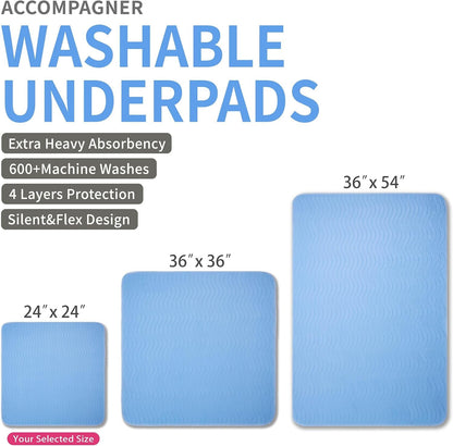 Accompagner Incontinence Bed Pads Washable Waterproof, Ultra-Absorbent Reusable Underpads for Diaper Changing, Nursing, Bedridden, Adults, Seniors, Kids and Dogs (Blue, 24"X24"(Pack of 6))5