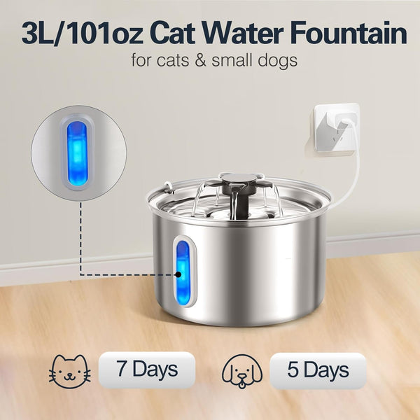 3L/101Oz Stainless Steel Cat Water Fountain for Indoor Use - Ultra Quiet Automatic Cat Fountain for Drinking, Bpa-Free Pet Water Dispenser for Cats/Small Dogs LED Window (2 Filters 2 Sponges)4