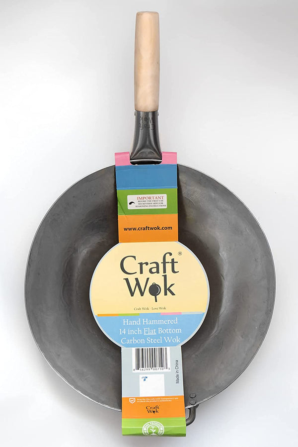 Flat Hand Hammered Carbon Steel Pow Wok with Wooden and Steel Helper Handle (14 Inch, Flat Bottom) / 731W3166