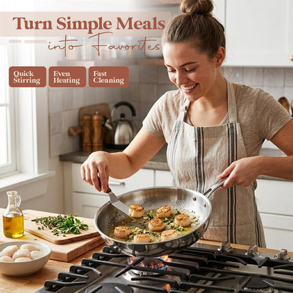 Titanium Frying Pan, Hammered Non-Stick Skillet with Glass Lid & 4 Spatulas, Pfas/Pfoa/Ptfe-Free, Tri-Ply Stainless Steel, Induction & Oven Safe, Dishwasher Safe Cookware2
