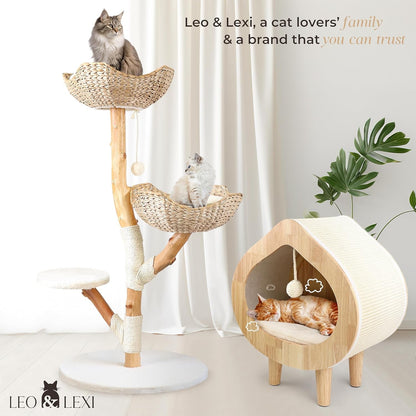 LEO & LEXI Aesthetic, Real Wood Modern Cat Tree. 46 Inches Tall, Sturdy, Solid Natural Wood Tower for Large Cats. Scratching Post with Wicker Basket Bed, Luxury, Boho Furniture for Indoor Cats7