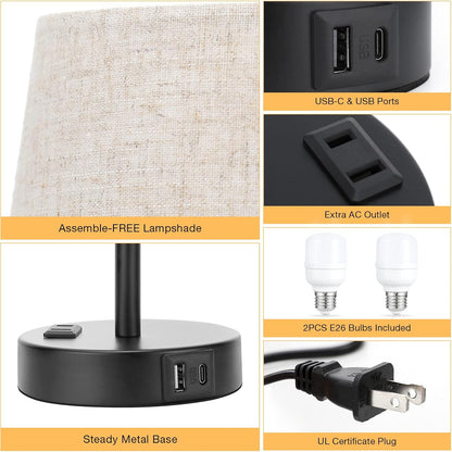 Bedside Table Lamps Set 2 for Bedroom - Dimmable Touch, USB C+A, AC Outlet | 14.5" Mini Lamp, 3-Way Dimmable, LED Bulbs Included, Trapezoid Barrel Fabric Lampshade, Nightstand Light for Guest Room, Kids8