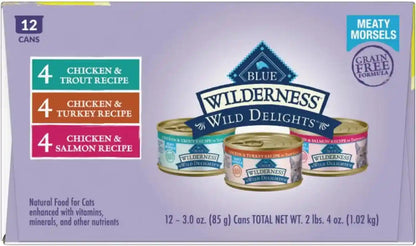 Blue Buffalo Wilderness Wild Delights High Protein Grain Free, Natural Adult Meaty Morsels Wet Cat Food, Chicken & Turkey, Chicken & Trout, Chicken & Salmon 3-Oz Cans (12 Count - 4 of Each Flavor)5