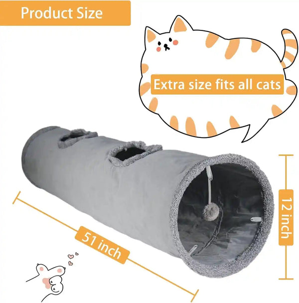 Cat Tunnel for Indoor Cats, 51×12 Inch Foldable Big Cat Tunnel, Grey Suede Pet Tunnels with Two Peepholes and a Bubble Ball4