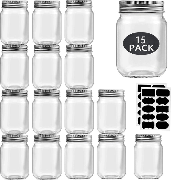 16 Oz Mason Jars with Silver Lids 15 Pack Pint Glass Canning Jars | Regular Mouth Clear Glass Jars Bulk for Meal Prep, Overnight Oats, Dry Food, DIY Crafts.Food Storag with 20 Labels and 1 Pen1