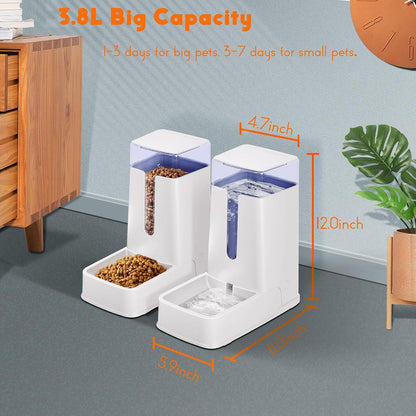 2 Packs Automatic Cat Feeder and Waterer, Gravity Dog Food and Water Dispenser Set for Small Medium Big Pets Cats Dogs Puppy Kitten, 1 Gallon X 2 (White)3