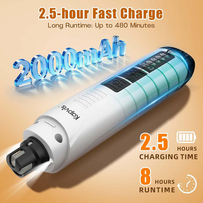 Dog Nail Grinder with 2 LED Lights, 4-Speed Pet Nail Grinder for Dogs&Cats | Kapvis Electric Dog Nail Trimmer Quiet, 2 Grinding Heads Included, Digital Display&2 LED Lights, 2.5Hr Charge for 480Min Use2
