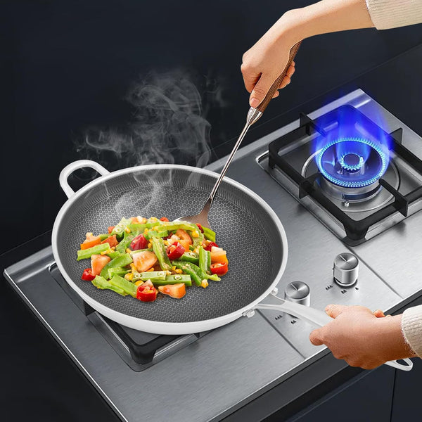 14.2 Inch Stainless Steel Stir-Fry Wok, Cooking Frying Pan, Non Stick Honeycomb Skillet with Stay Cool Handle, Class Lid, Suitable for Induction, Ceramic, Electric, and Gas Cooktops3