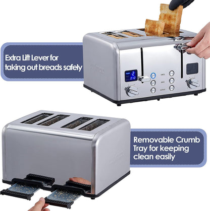 4 Slice Stainless Steel Toaster with Digital Display, Silver | LED Display with Countdown Timer, 6 Browning Levels, Bagel/Defrost/Cancel, Dual Independent Controls, 1.5" Extra Wide Slots8
