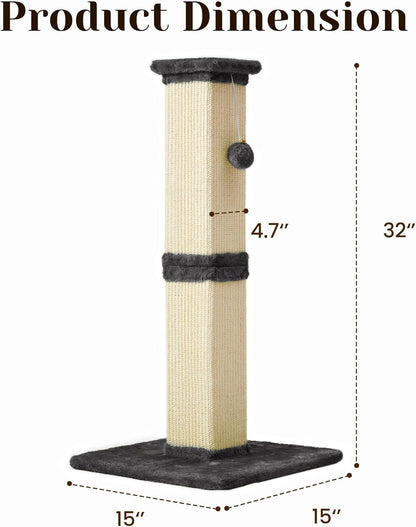 Fansafurn Tall Cat Scratching Post, 32'' Heavy Duty and Thick Scratching Post, Scratching Post for Adult Cats, Thick Sisal Rope with Hanging Ball, Grey7