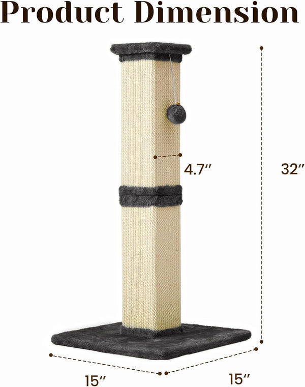 Fansafurn Tall Cat Scratching Post, 32'' Heavy Duty and Thick Scratching Post, Scratching Post for Adult Cats, Thick Sisal Rope with Hanging Ball, Grey7