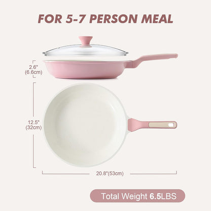 12.5In Nonstick Ceramic Frying Pan with Lid, PFAS/PTFE Free, Pink | Ceramic Omelette Pan Skillet, Healthy Non-Toxic Chef'S Pan, Induction Compatible Pan, Heat Resistant Handle8
