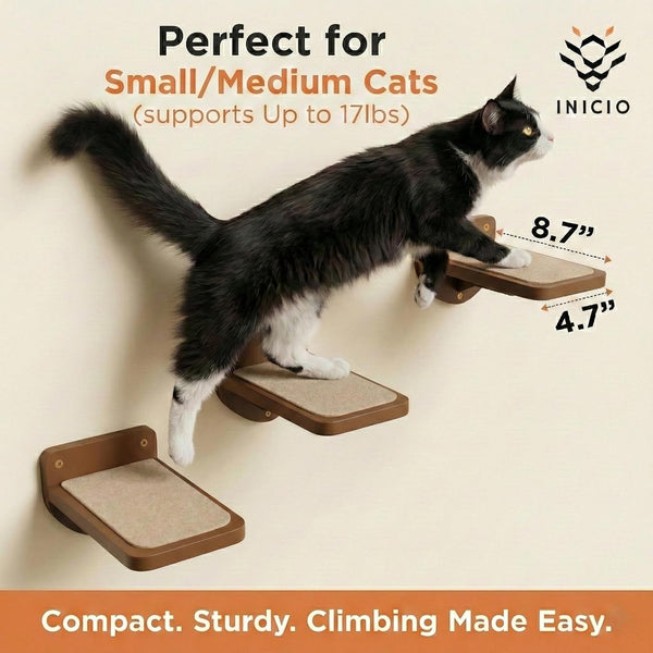 INICIO Cat Wall Stairs - Set of 3 Wall Steps for Cats to Climb with Fixtures, 8.7"X4.7" - Floating Steps for Climbing or Playing - for Kittens and Adult Cats, Dark Brown2