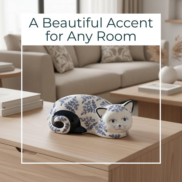 Ceramic Chinoiserie Cat Sculpture for Home Decor - Chic Ornaments for Bathroom, Office, Room and Living Room Display Styling - Sculptural Figurine for Shelf or Coffee Table Decor - 4", Blue & White3