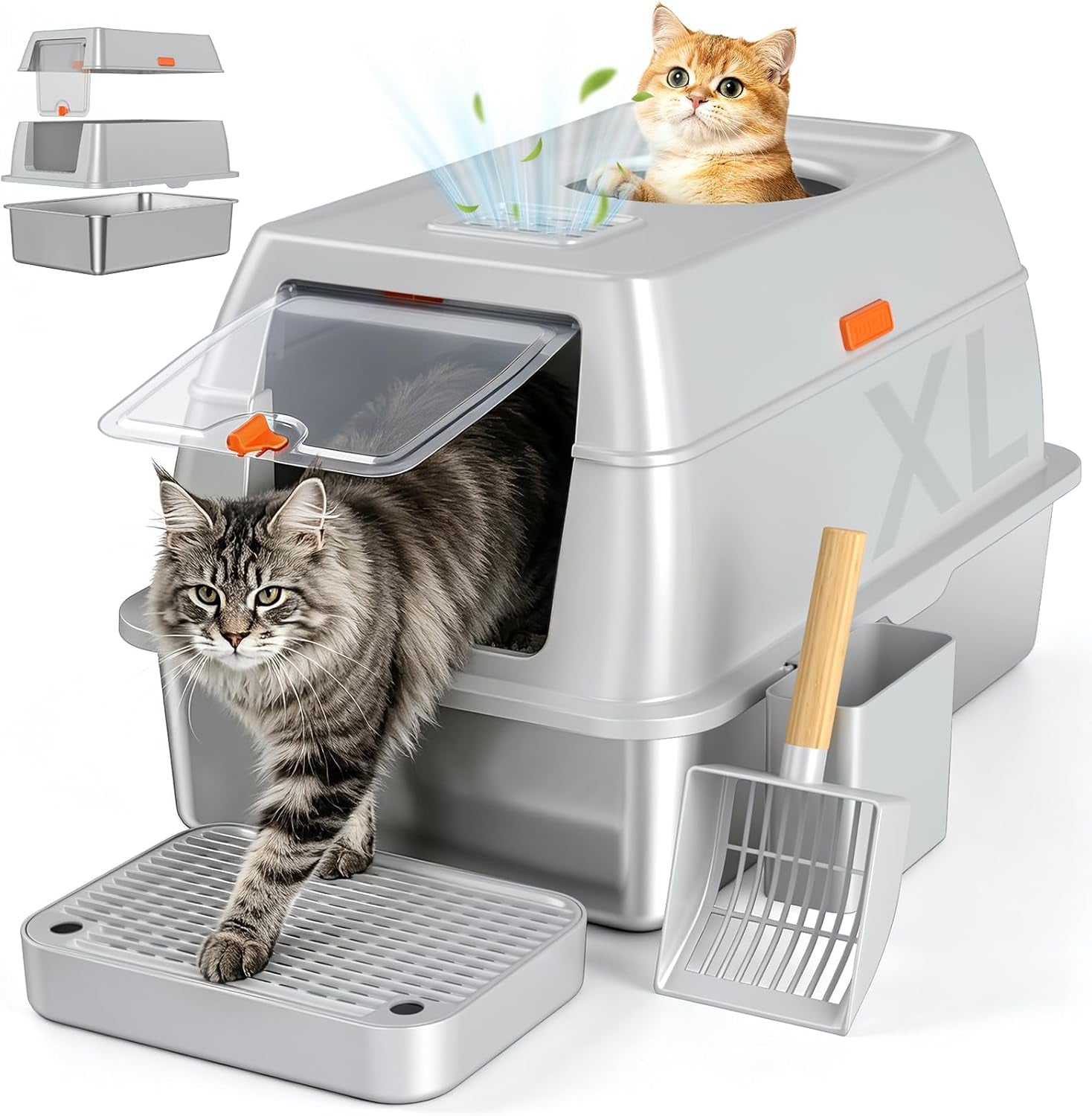 xl-enclosed-stainless-steel-litter-box-with-lid-light-gray-covered-high-sided-rustproof-leak-proof-easy-clean-odor-control-includes-scoop-step