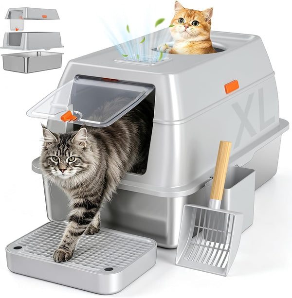 XL Enclosed Stainless Steel Litter Box with Lid, Light Gray | Covered, High Sided, Rustproof & Leak Proof, Easy Clean, Odor Control, Includes Scoop & Step1