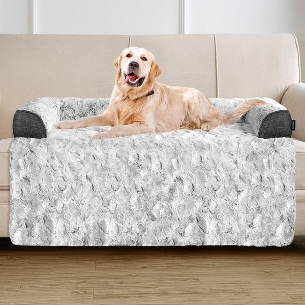 Calming Large Dog Bed for Couch, 41 X 37 Inch Removable Couch Cover for Dogs Washable, Non-Slip Fluffy Plush Dog Sofa Mat for Furniture Protector - Grey19