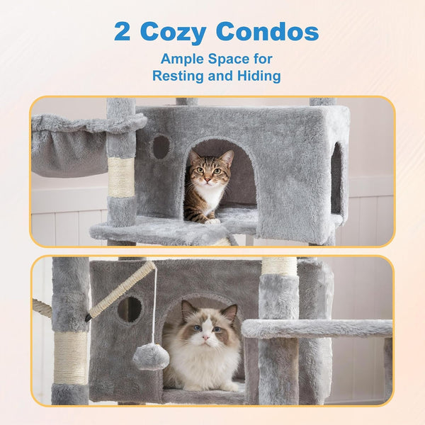 Hey-Brother Cat Tree Tower with Sturdy Supporting Posts, 2 Condos, MPJ082W- | 82.7 Inches Multi-Level Cat Tower with 5 Teaser Toys, Sisal Scratching Posts, Large Bed, Hammock for Indoor Cats, Light Gray6