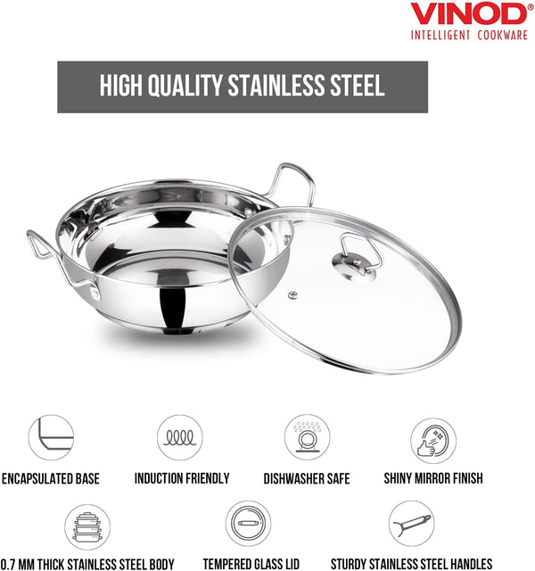 Stainless Steel Kadhai with Tempered Glass Lid, 20Cm, Premium Quality | 2 Litre Induction-Friendly Multi-Use Pot for Sauces, Deep Frying and Stews; Indian Cooking Essential3
