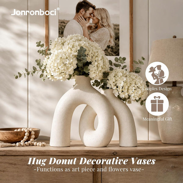 Hug Donut Decorative Vase Set - Modern Nordic Boho Style Vases Home Decor, Matte Ceramic Decorations for Living Room Shelf, Bookshelf Mantle Entryway Table or Console Décor (Cream White)2