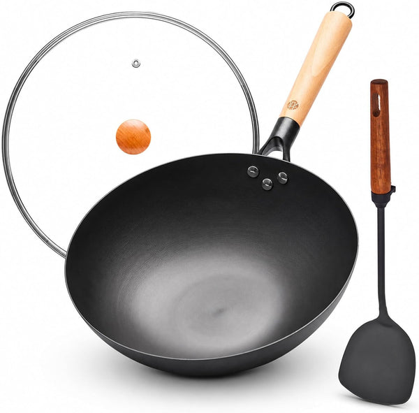 12.6 Inch Carbon Steel Wok Pan with Glass Lid and Spatula, Nitrided Flat Bottom Wok Set, Uncoated Stir Fry Pan for 2-4 Servings, Gas, Electric, Ceramic and Induction Cooktops1