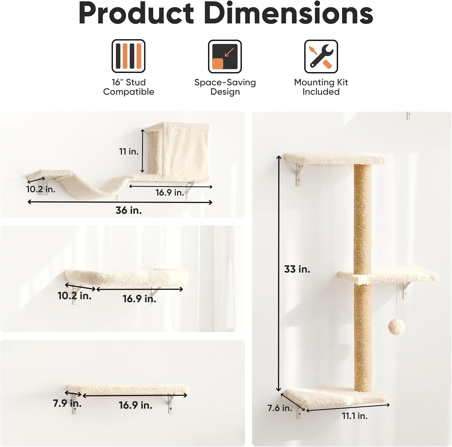 fukumaru-cat-wall-shelves-4-in-1-set-beige-stable-safe-cat-walls-furniture-wooden-kitten-climbing-wall-with-scratching-post-for-16-inch-drywall