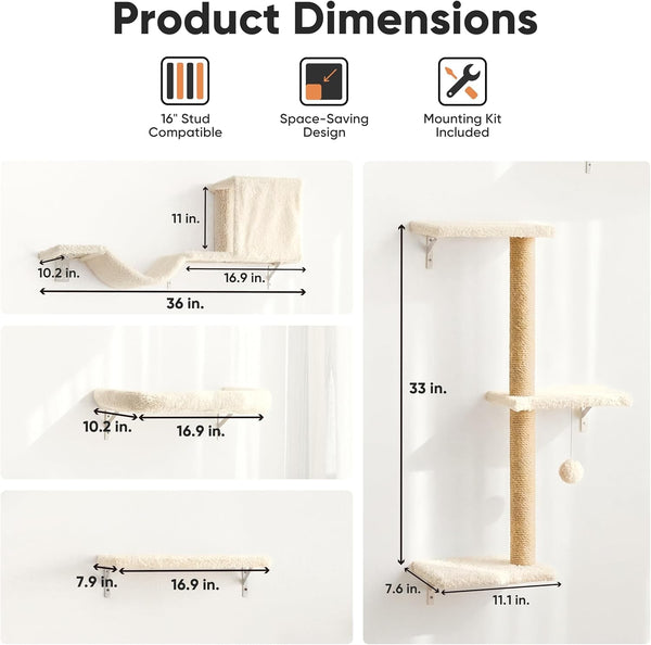 FUKUMARU Cat Wall Shelves, 4 in 1 Set, Beige | Stable & Safe Cat Walls Furniture, Wooden Kitten Climbing Wall with Scratching Post for 16 Inch Drywall5