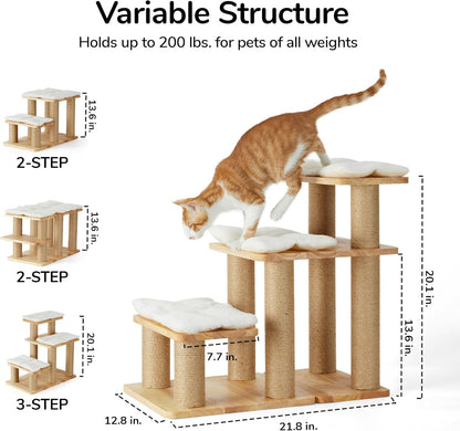 FUKUMARU Dog Stairs, Solid Wood Pet Stairs with Cat Scratching Post | Transformable Cat Step Hold up to 200 Lbs, 20" Pet Ramp for Dogs and Cats to Climb High Bed and Couch, over 6 Combinations6