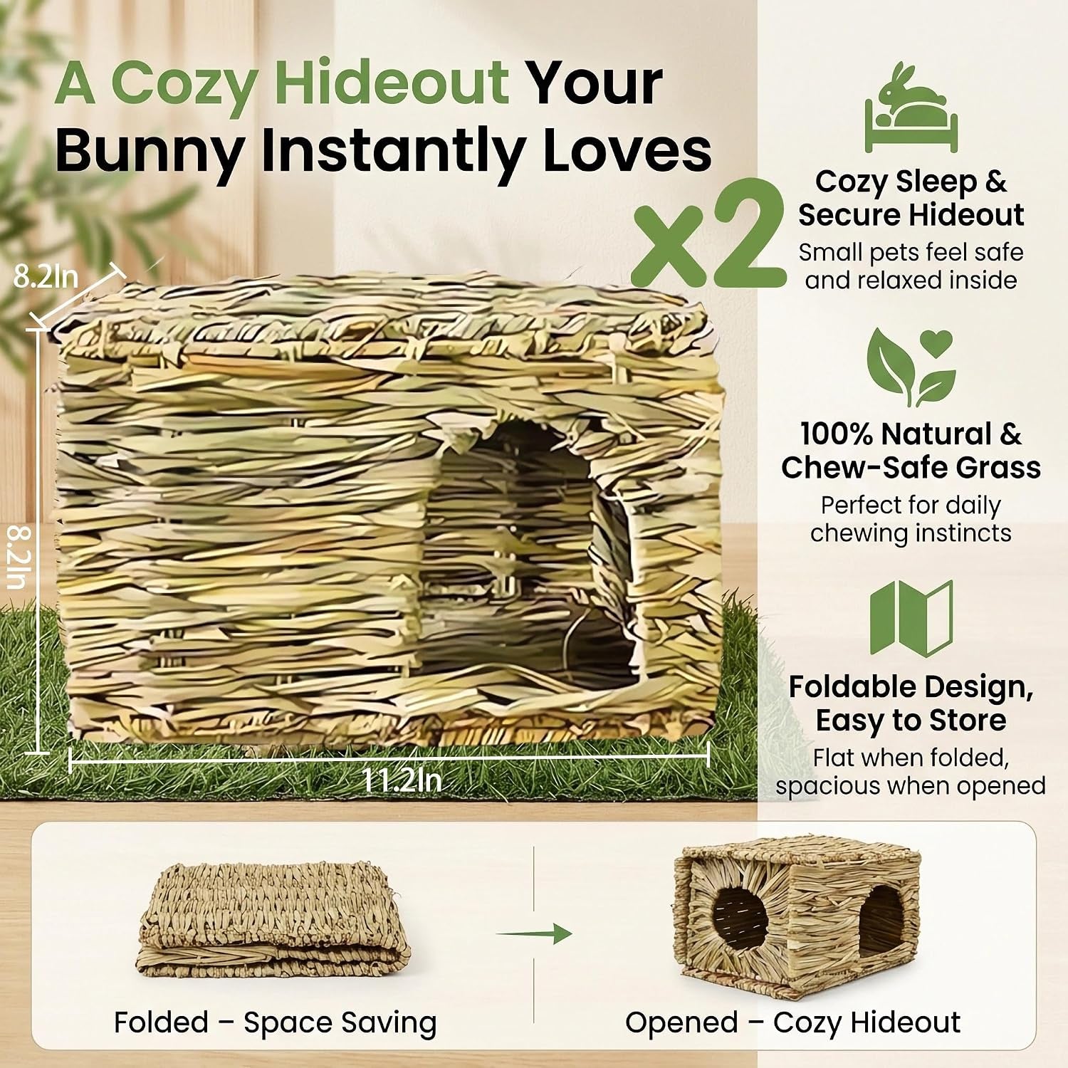 wuweot-2-pack-large-grass-bunny-house-foldable-rabbit-hut-play-hideaway-bed-hay-mat-chew-toy-for-rabbit-guinea-pigs-gerbils-hamster-and-small-animals-11x8x8
