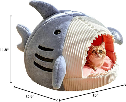 QWINEE Cat Mat Shark-Shaped Kennel Kitten Bed Hideout House Warm Soft Comfortable Semi-Closed Cat Dog Nest Blue S7