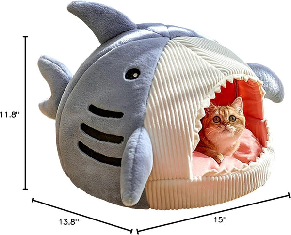 QWINEE Cat Mat Shark-Shaped Kennel Kitten Bed Hideout House Warm Soft Comfortable Semi-Closed Cat Dog Nest Blue S7
