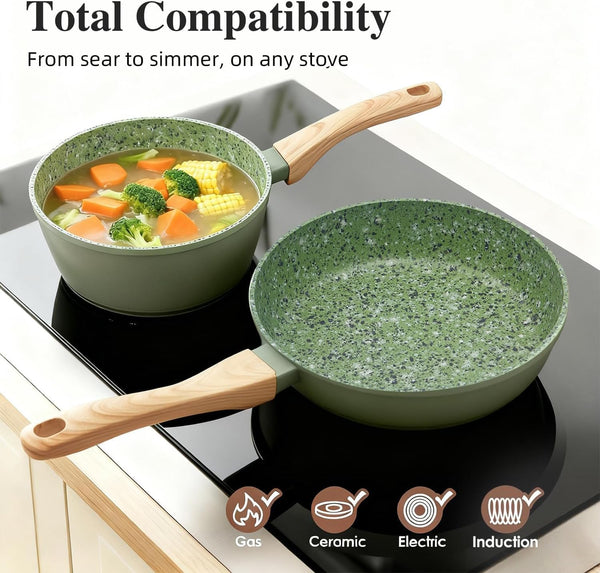 3-Piece Nonstick Set | 10.25" Pan + 1.4/2.2QT Pot | Pfas-Free, Green7