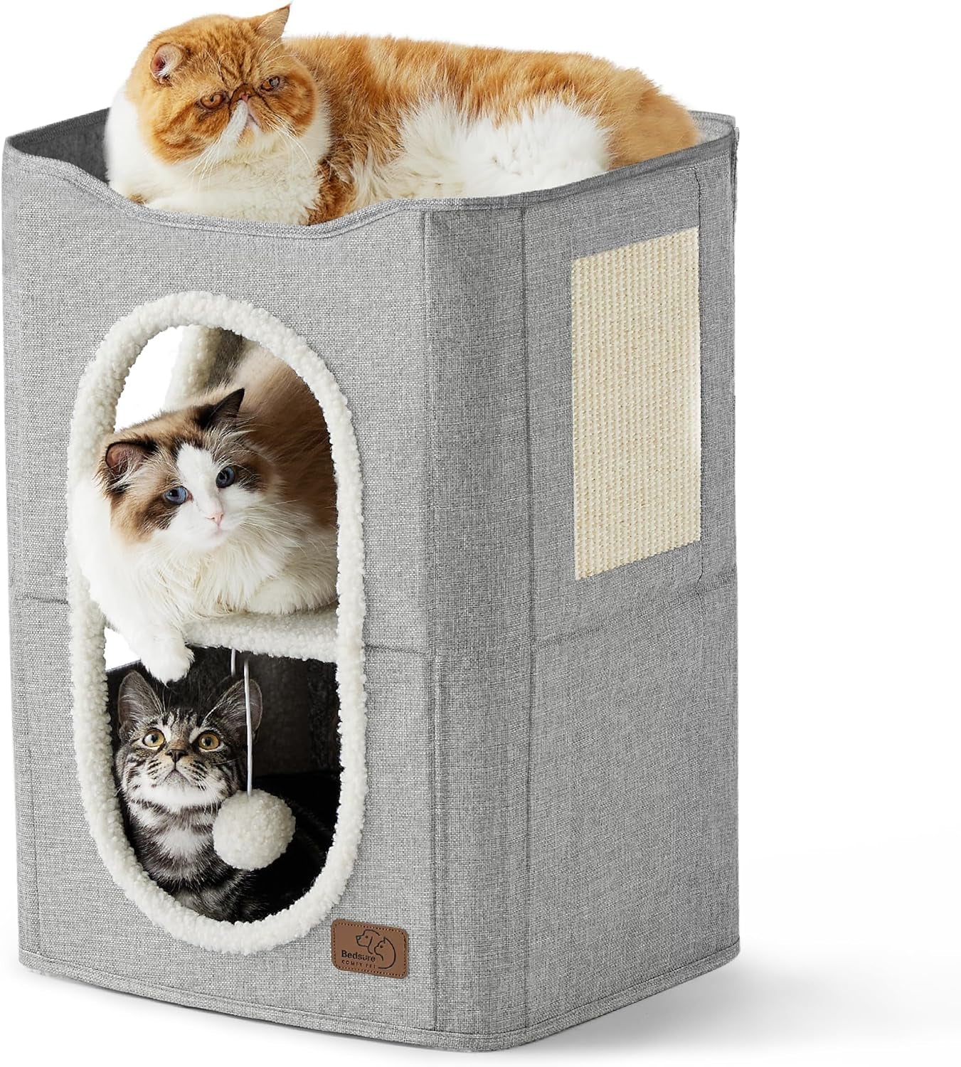 bedsure-cat-house-bed-for-indoor-cats-with-fluffy-ball-and-scratch-pad-grey-16-5x16-5x13-in-large-cat-cave-for-multiple-pets-foldable-cat-hideway-cube-for-sleeping-kitten