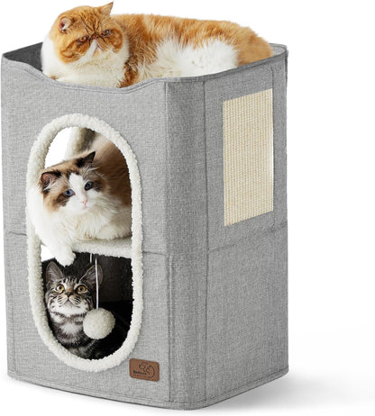 Bedsure Cat House Bed for Indoor Cats with Fluffy Ball and Scratch Pad,Grey | 16.5X16.5X13 In,Large Cat Cave for Multiple Pets,Foldable Cat Hideway Cube for Sleeping Kitten15